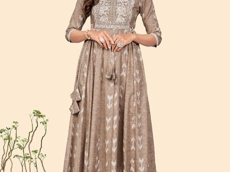 NOZ2TOZ Women s Embroidered Anarkali Cotton Blend Light Brown Stitched Dress For Cheap