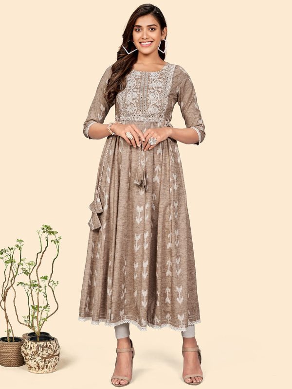 NOZ2TOZ Women s Embroidered Anarkali Cotton Blend Light Brown Stitched Dress For Cheap