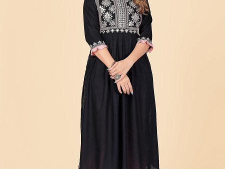 NOZ2TOZ Women s Embroidered & Mirror Work A-Line With Side Slit Rayon Black Stitched Kurta With Pant on Sale