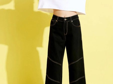 Lyush Black Contrast Thread Straight Jeans For Girls Online