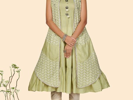 NOZ2TOZ Women s Chikankari Anarkali Cotton Pista Stitched Kurta With Shrug Online Hot Sale