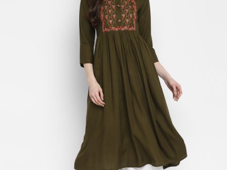 NOZ2TOZ Women s Embroidered & Solid Anarkali Rayon Mahendi Green Kurta Supply