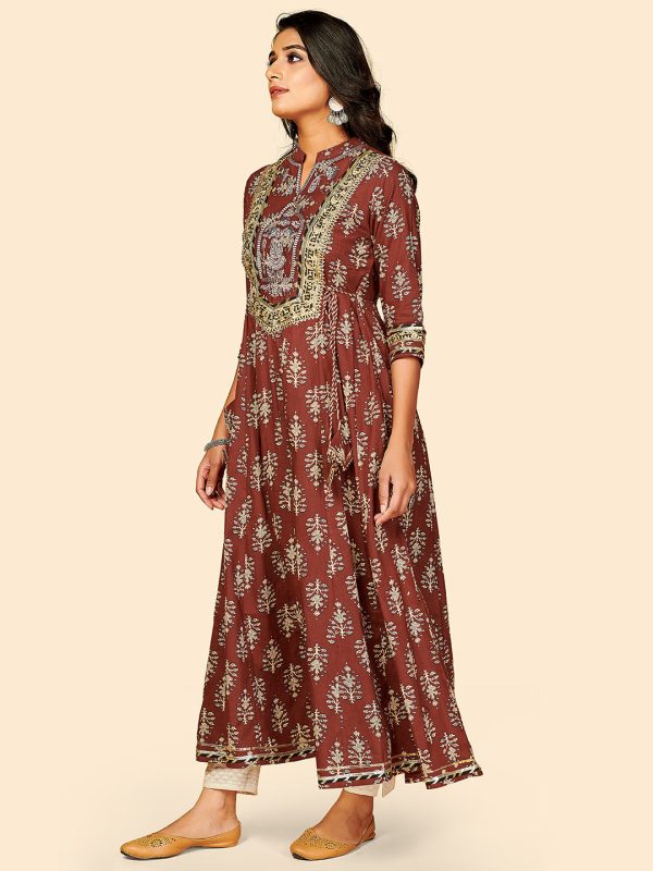 NOZ2TOZ Women s Brown Printed Anarkali Kurta- (1pc set) on Sale