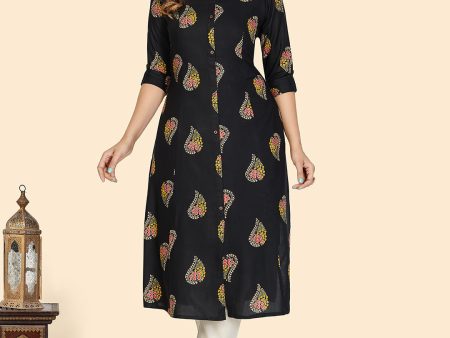 NOZ2TOZ Women s Block Print A-Line Rayon Black Stitched Kurta Online now