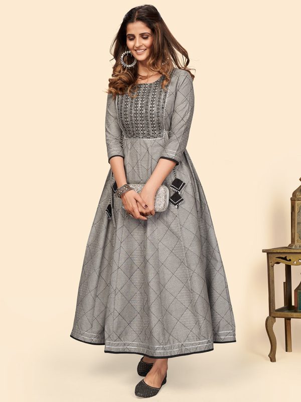 NOZ2TOZ Women s Embroidered Anarkali Cotton Bland Grey Stitched Kurta For Sale