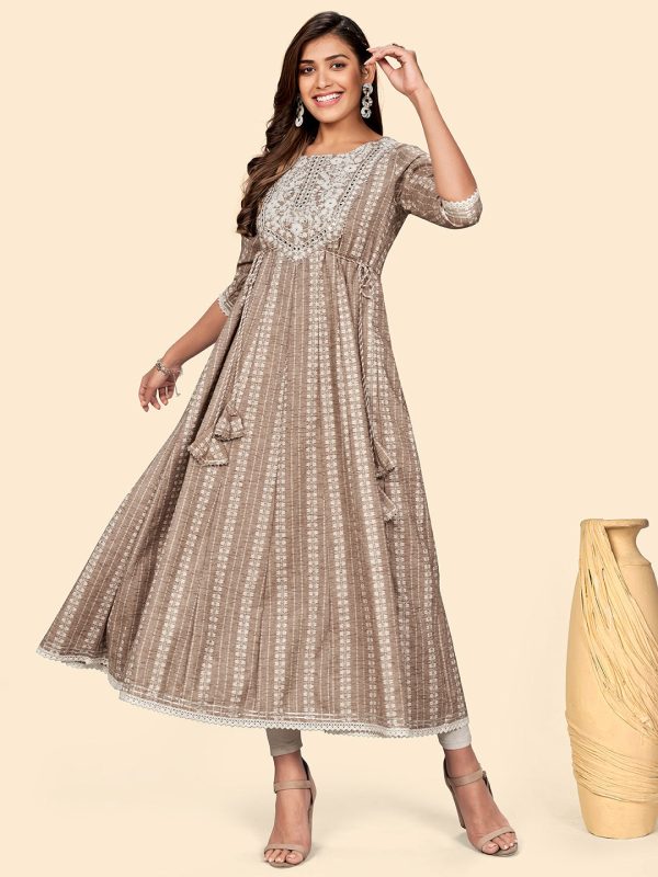 NOZ2TOZ Women s Embroidered Anarkali Cotton Blend Light Brown Stitched Dress Sale