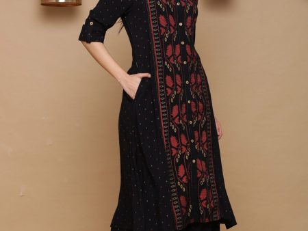 Juniper Womens Black Rayon Slub Printed Kurta Online Hot Sale