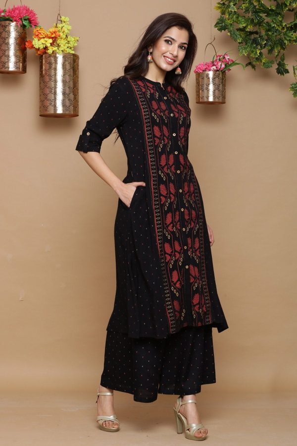 Juniper Womens Black Rayon Slub Printed Kurta Online Hot Sale