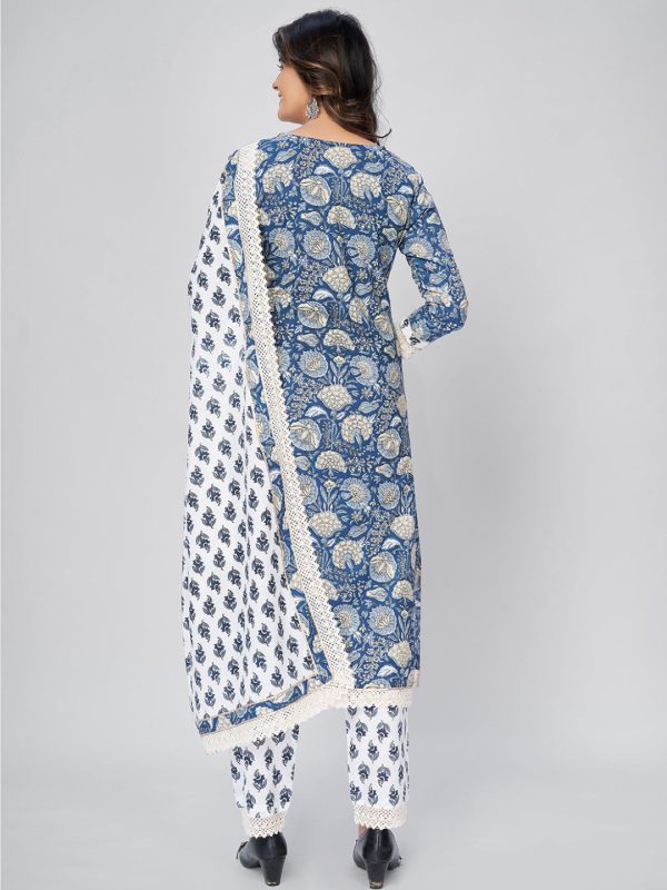 NOZ2TOZ Women s Blue Printed Lace Work Cotton Kurta with Pant & Dupatta (3 Pc Set) Online