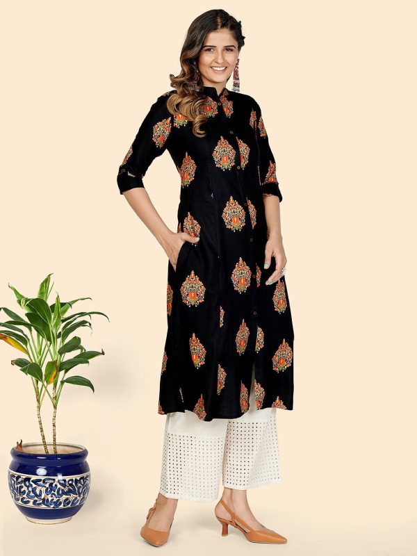 NOZ2TOZ Women s Black Printed A-Line Kurta (1 Pc Set) For Cheap