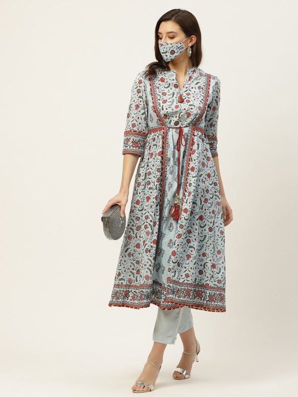 Juniper Womens Blue Cambric Printed Flared Kurta For Sale