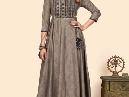 NOZ2TOZ Women s Embroidered Anarkali Cotton Bland Brown Stitched Kurta Supply