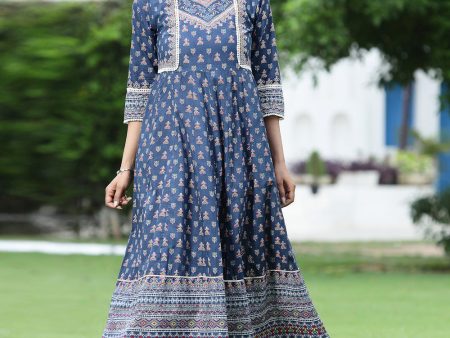 Juniper Women s Indigo Cambric Printed Anarkali Dress Supply