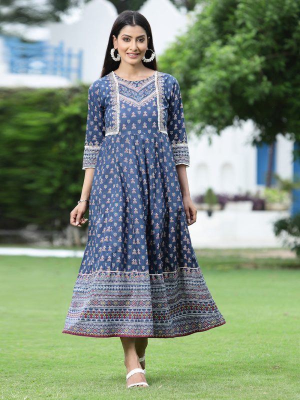 Juniper Women s Indigo Cambric Printed Anarkali Dress Supply