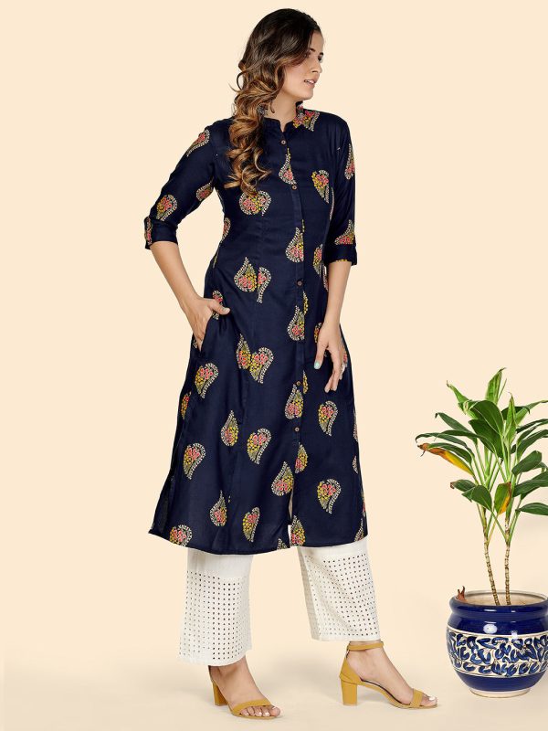 NOZ2TOZ Women s Block Print A-Line Rayon Blue Stitched Kurta Online Hot Sale