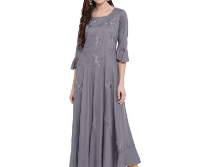 NOZ2TOZ Women s Embellished Flared Rayon Grey Kurti Online Hot Sale