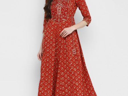 NOZ2TOZ Women s Embroidered & Printed Anarkali Cotton Red Kurta For Sale