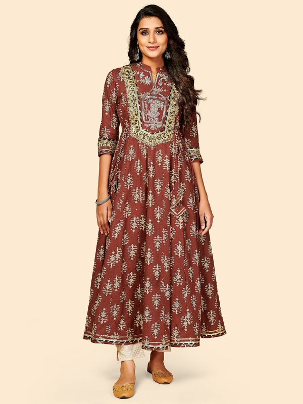 NOZ2TOZ Women s Brown Printed Anarkali Kurta- (1pc set) on Sale