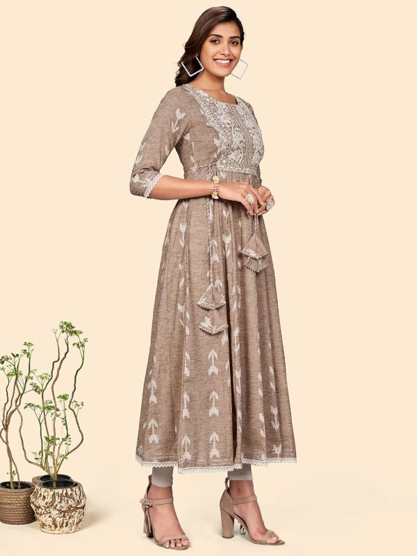 NOZ2TOZ Women s Embroidered Anarkali Cotton Blend Light Brown Stitched Dress For Cheap