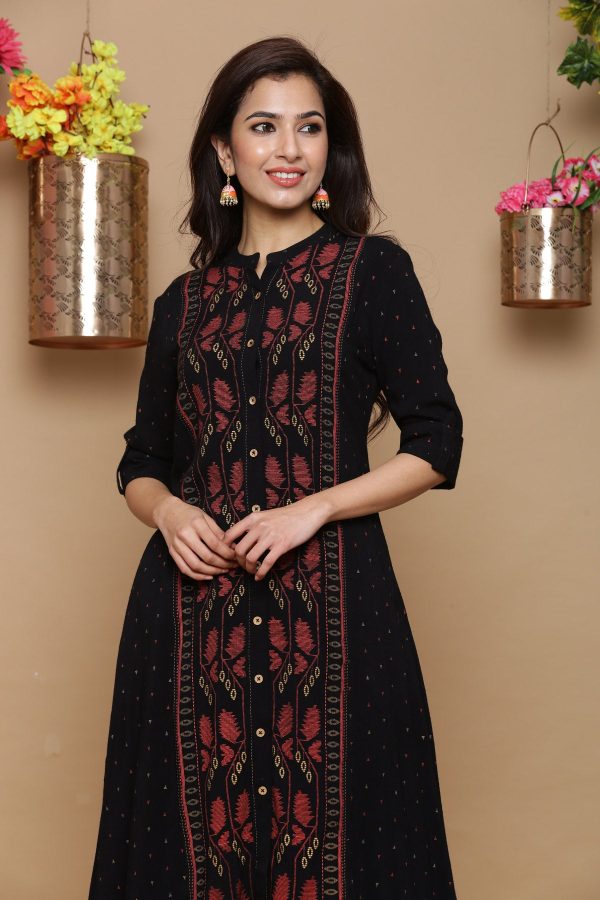 Juniper Womens Black Rayon Slub Printed Kurta Online Hot Sale