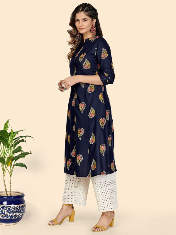 NOZ2TOZ Women s Block Print A-Line Rayon Blue Stitched Kurta Online Hot Sale