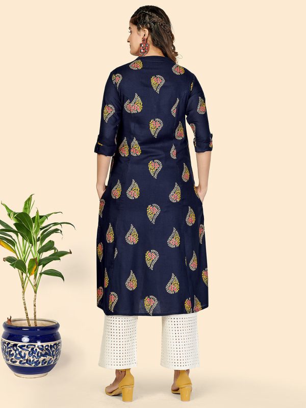 NOZ2TOZ Women s Block Print A-Line Rayon Blue Stitched Kurta Online Hot Sale