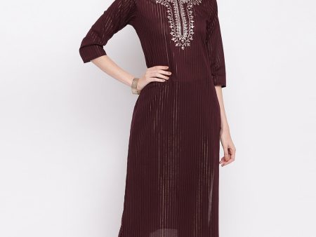 NOZ2TOZ Women s Embroidered   Striped Print Straight Maroon(Wine) Kurti With Pant Set Online Hot Sale