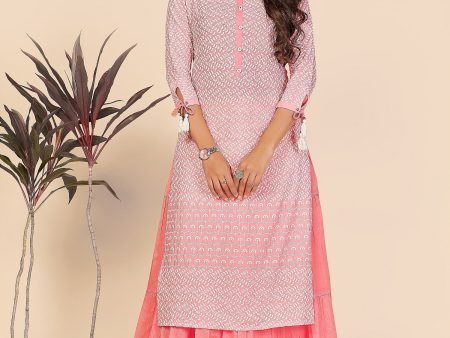 NOZ2TOZ Women s Chikankari Work Straight Cotton Baby Pink Stitched Kurta With Skirt Cheap