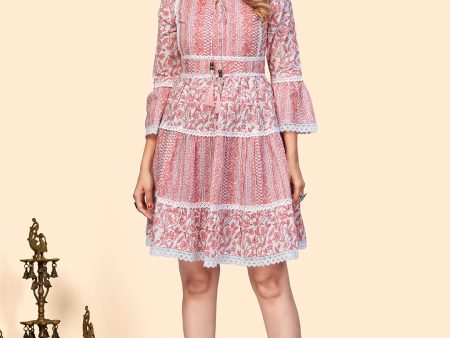 NOZ2TOZ Women s Printed Flared Cotton Pink Stitched Dress Sale