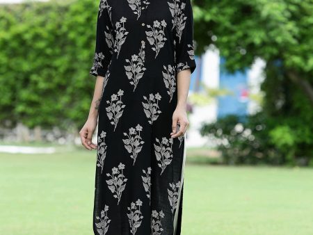 Juniper Womens Black Rayon Slub Printed Straight Kurta Supply