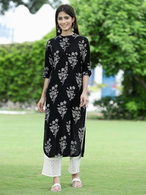 Juniper Womens Black Rayon Slub Printed Straight Kurta Supply