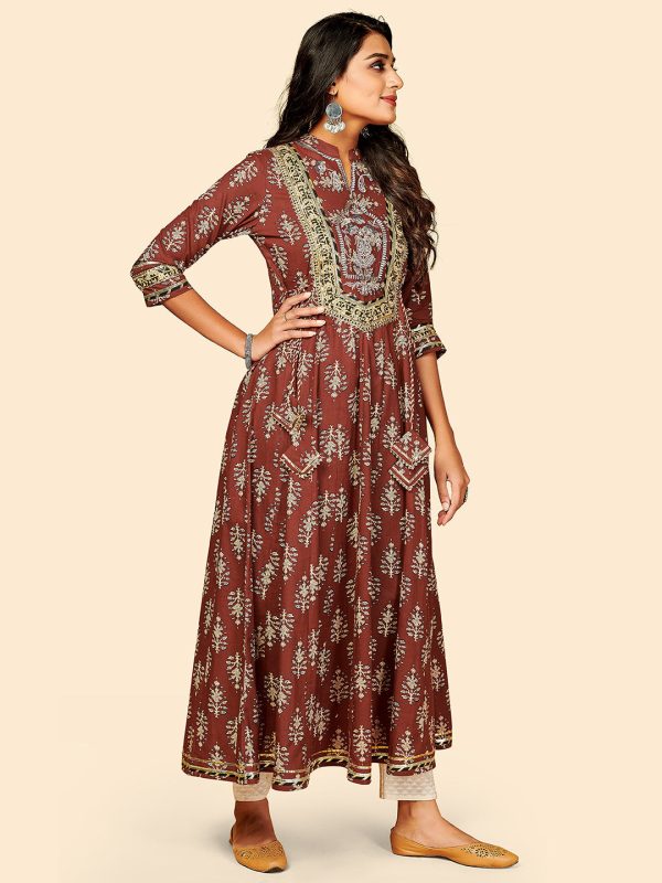 NOZ2TOZ Women s Brown Printed Anarkali Kurta- (1pc set) on Sale