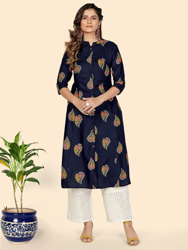 NOZ2TOZ Women s Block Print A-Line Rayon Blue Stitched Kurta Online Hot Sale