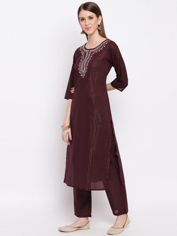 NOZ2TOZ Women s Embroidered   Striped Print Straight Maroon(Wine) Kurti With Pant Set Online Hot Sale