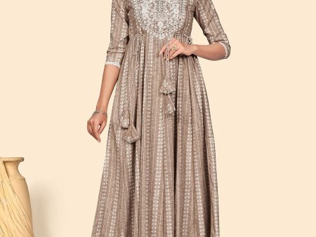 NOZ2TOZ Women s Embroidered Anarkali Cotton Blend Light Brown Stitched Dress Sale