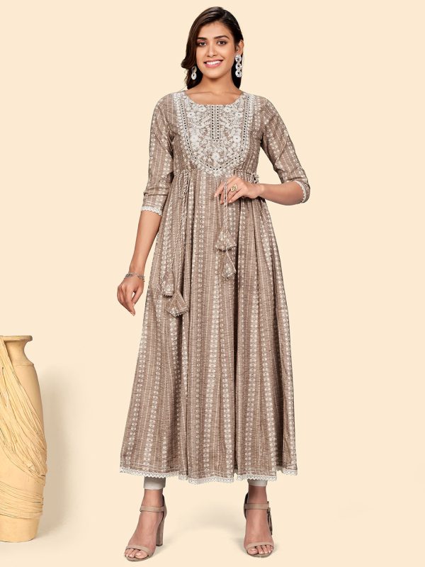 NOZ2TOZ Women s Embroidered Anarkali Cotton Blend Light Brown Stitched Dress Sale