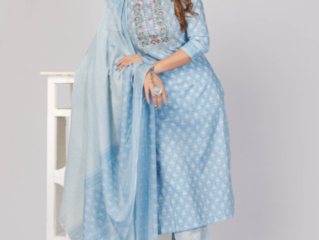 NOZ2TOZ Women s Printed & Embroidered Straight Cotton Sky Blue Stitched Kurta Pant With Dupatta (3Pcs Set) Online Sale