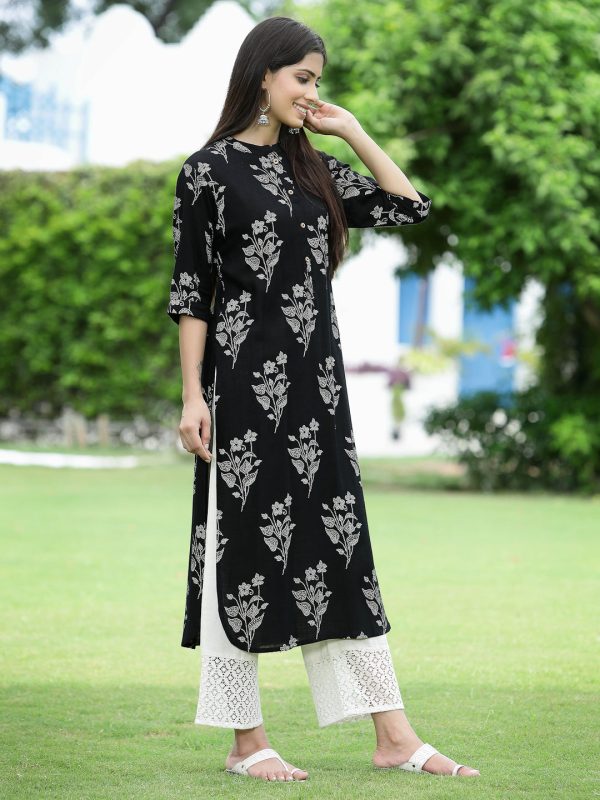 Juniper Womens Black Rayon Slub Printed Straight Kurta Supply