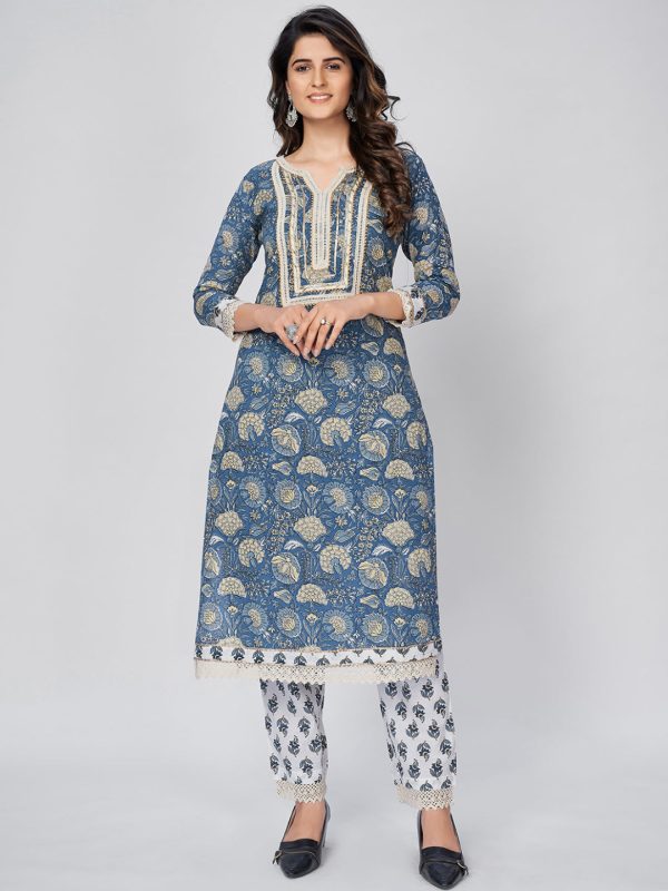 NOZ2TOZ Women s Blue Printed Lace Work Cotton Kurta with Pant & Dupatta (3 Pc Set) Online