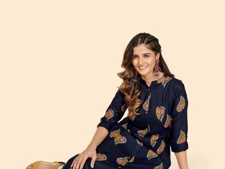 NOZ2TOZ Women s Block Print A-Line Rayon Blue Stitched Kurta Online Hot Sale