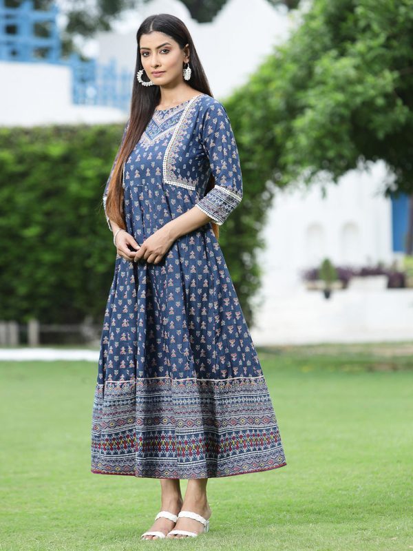 Juniper Women s Indigo Cambric Printed Anarkali Dress Supply