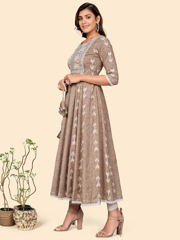 NOZ2TOZ Women s Embroidered Anarkali Cotton Blend Light Brown Stitched Dress For Cheap