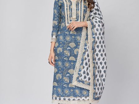 NOZ2TOZ Women s Blue Printed Lace Work Cotton Kurta with Pant & Dupatta (3 Pc Set) Online