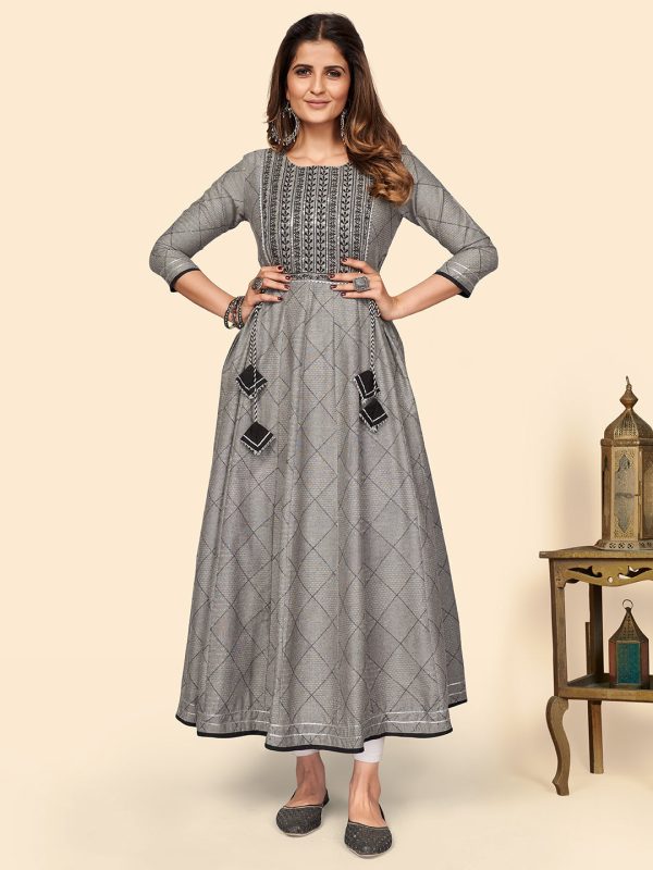 NOZ2TOZ Women s Embroidered Anarkali Cotton Bland Grey Stitched Kurta For Sale