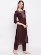 NOZ2TOZ Women s Embroidered   Striped Print Straight Maroon(Wine) Kurti With Pant Set Online Hot Sale