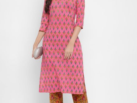 NOZ2TOZ Women s Embroidered & Printed Straight Cotton Pink Kurta With Pant For Sale