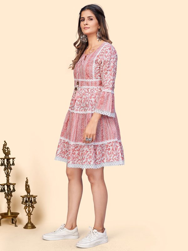 NOZ2TOZ Women s Printed Flared Cotton Pink Stitched Dress Sale