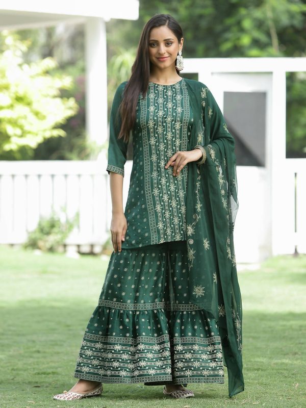 Juniper Green Mono Viscose Festive Wear Printed Straight Kurta Sharara Dupatta Set Discount