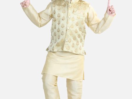 NOZ2TOZ Beige Color 3 Piece Jacquard Jacket Silk Kurta Pajama For Boys Hot on Sale