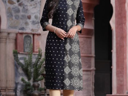 Juniper Women s Black Rayon Printed Straight Kurta Online